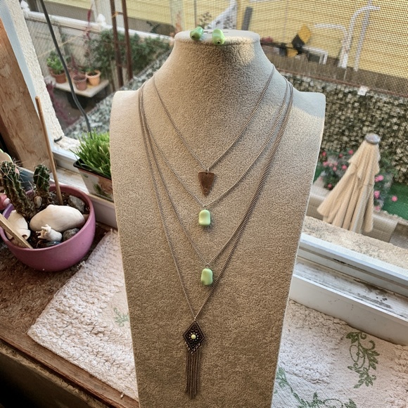 Silver Tone & Green Stone Layered Four Strand Necklace and Matching Earrings - Picture 2 of 11